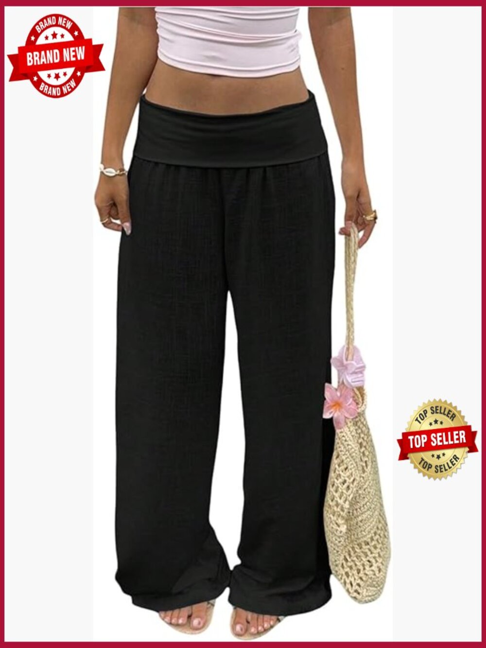 Fold Over Low Rise Linen Pants Wide Leg Casual Lounge